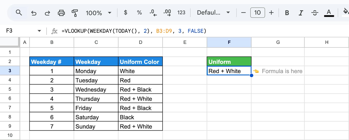 Using the VLOOKUP function combined with WEEKDAY function in Google Sheets to retrieve the Uniform Color based on the current day of the week. i-border