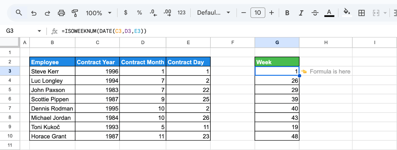 Calculating the ISO week number by nesting the DATE function inside ISOWEEKNUM to combine separate year, month, and day columns. i-border