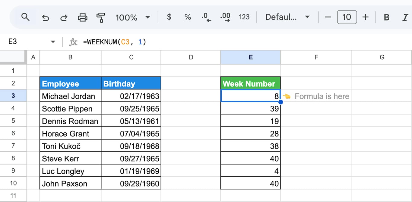 Determining the week number of a birthday date in Google Sheets using the WEEKNUM function, with Sunday as the start of the week. i-border