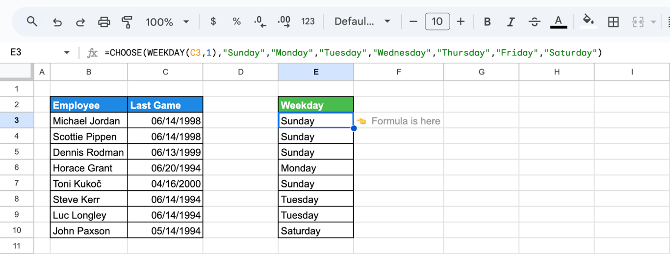 Using the CHOOSE function combined with WEEKDAY in Google Sheets to convert the weekday number into the name of the day (e.g., Sunday, Monday, etc.). i-border