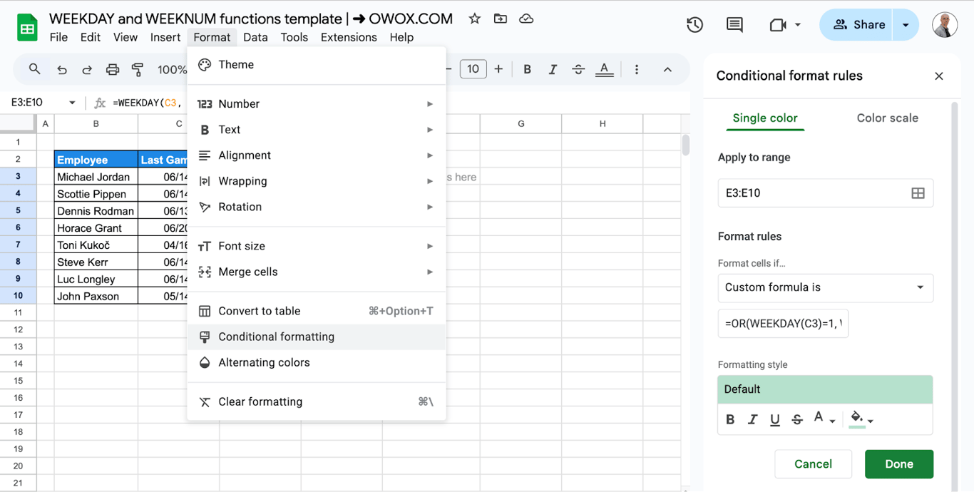 Google Sheets interface showing the Conditional formatting panel, where a rule is being created to apply styling based on specific weekday conditions. i-border