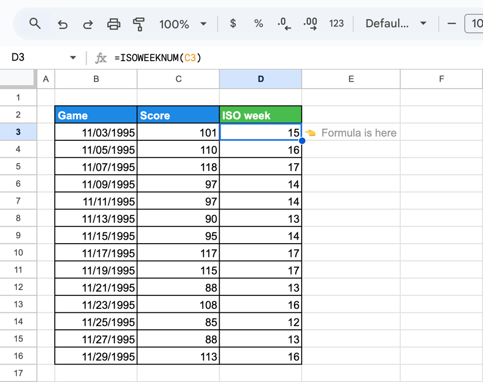 Calculating the ISO week number for a column of game dates in Google Sheets using the ISOWEEKNUM function. i-border