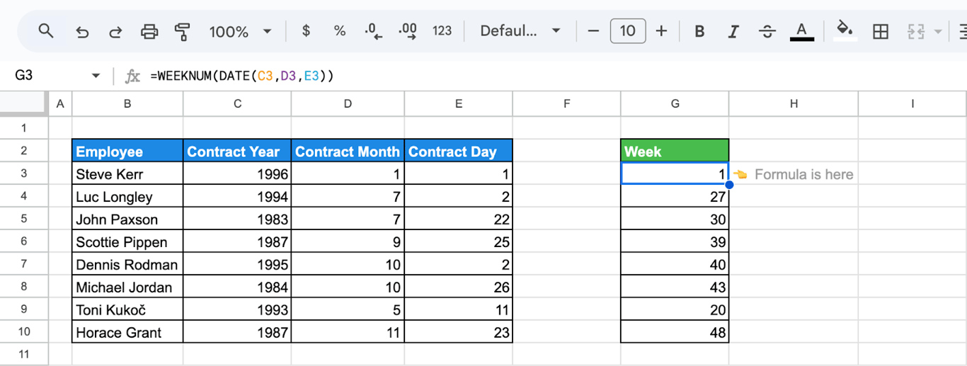 Determining the week number by nesting the DATE function inside the WEEKNUM function to combine separate year, month, and day columns. i-border