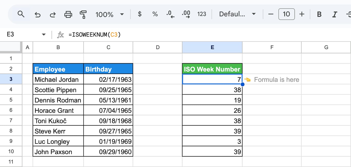 Applying the ISOWEEKNUM function in Google Sheets to find the ISO 8601 standard week number for a given birthday date. i-border