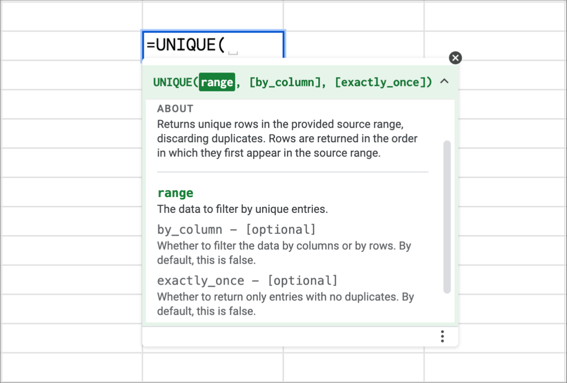 Syntax and structure of the UNIQUE function in Google Sheets.  i-border