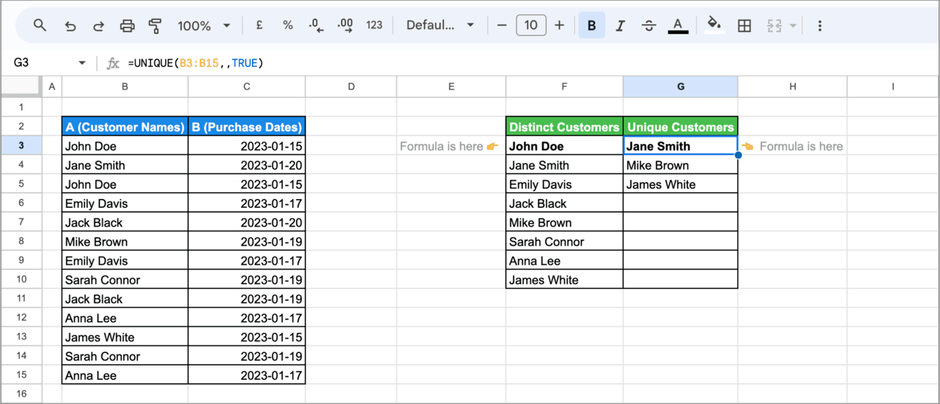 Using the UNIQUE function in Google Sheets to extract unique values from a dataset. i-border