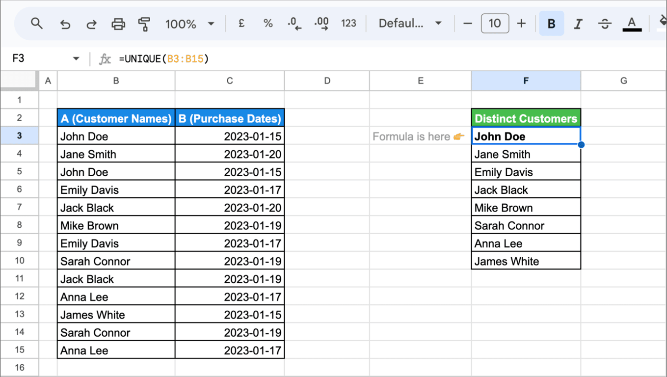 Using the UNIQUE function in Google Sheets to extract distinct Values from a dataset.  i-border