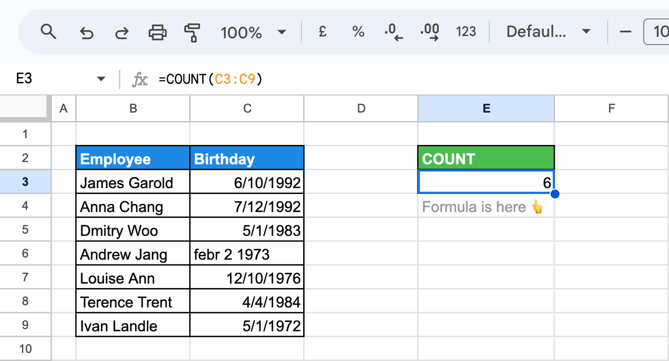 Counting date values in a column using the COUNT function in Google Sheets. i-border