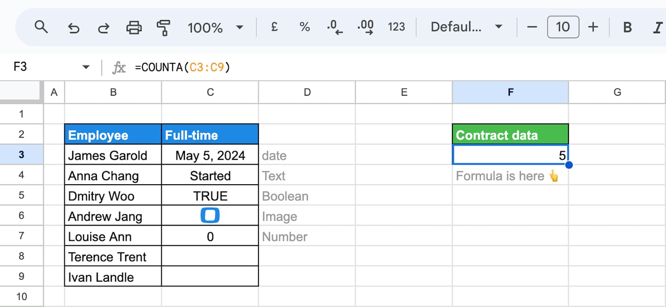 Counting cells with mixed data types, such as text and numbers, using the COUNTA function in Google Sheets. i-border