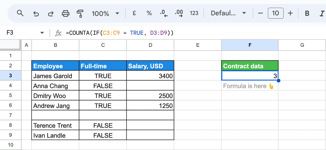 Applying the COUNTA function with the IF function to count conditionally based on criteria in Google Sheets. i-border