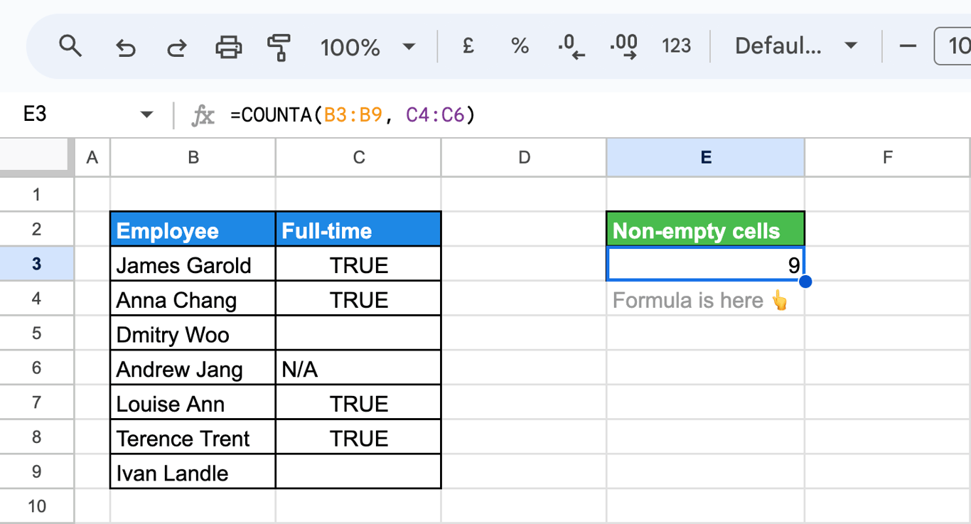 Using the COUNTA function to count non-empty cells across multiple ranges in Google Sheets. i-border