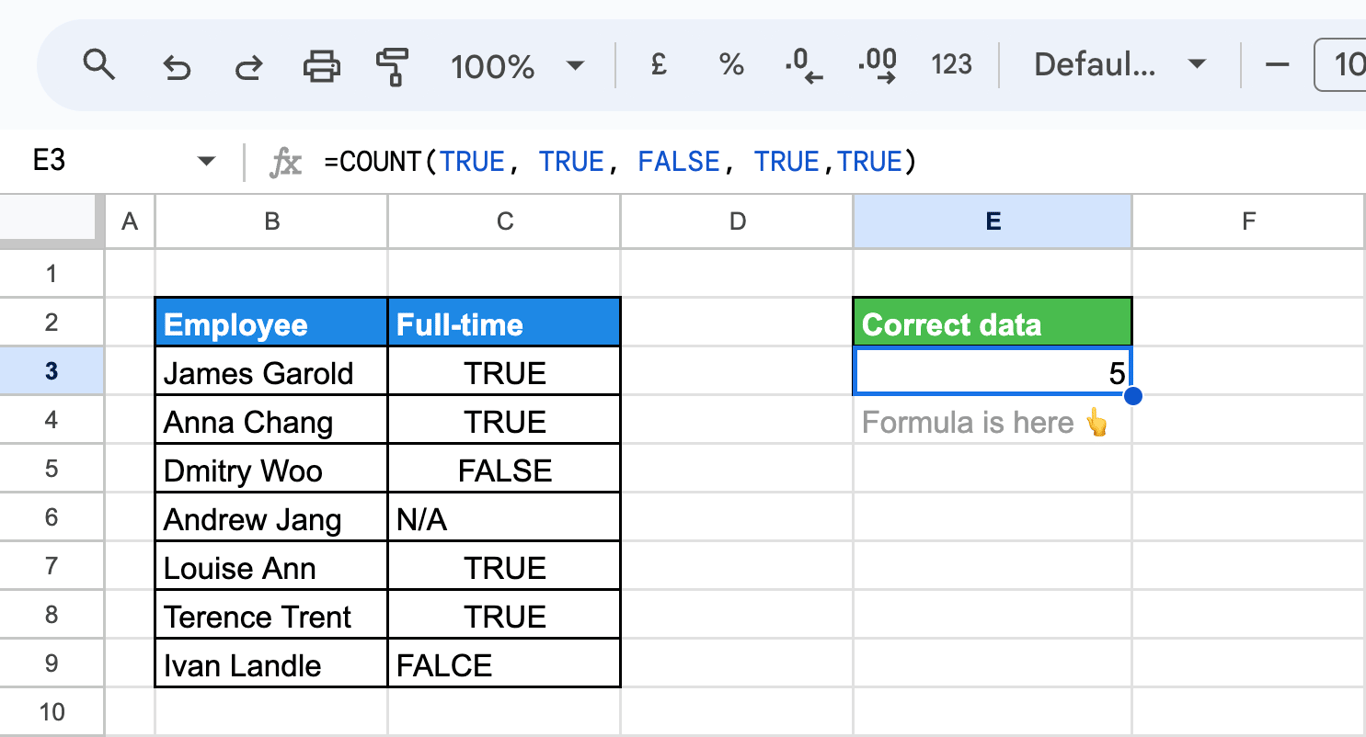 Using the COUNT function to count boolean values like TRUE and FALSE in Google Sheets. i-border