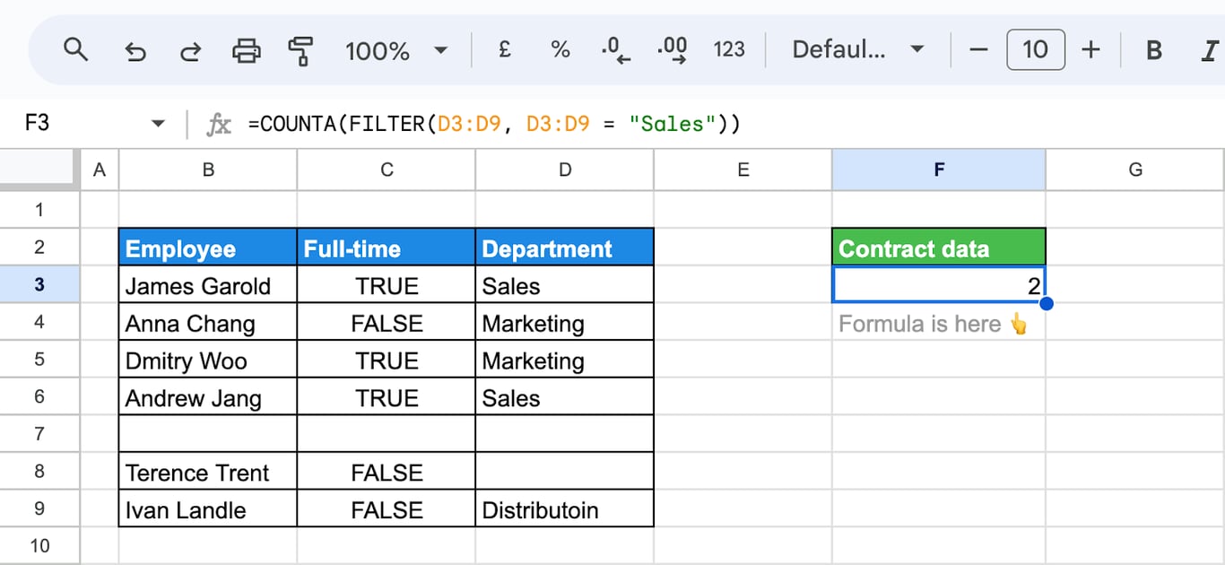 Using the COUNTA function with the FILTER function to count specific values based on conditions in Google Sheets. i-border