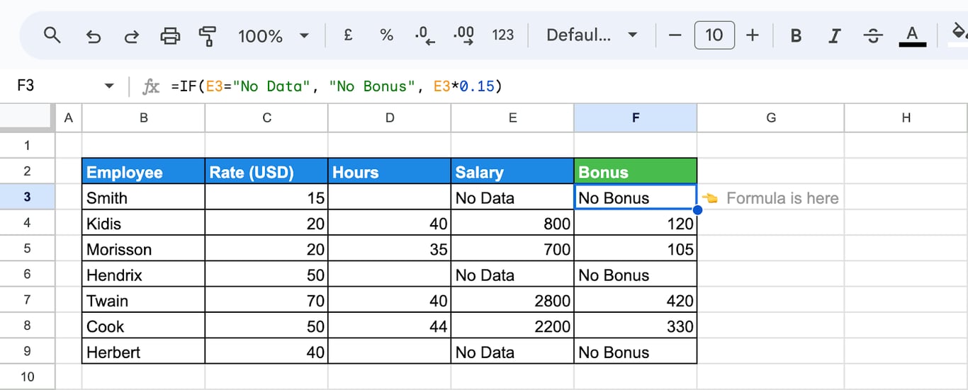 Using IF function with text conditions, showing “No Bonus” for missing data and calculating bonuses for others i-border