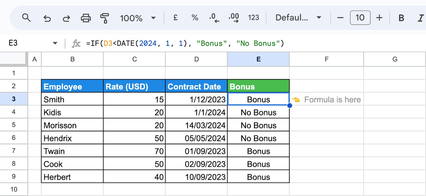 Date Function used with the IF function, assigning bonuses based on dates before or after 2024. i-border