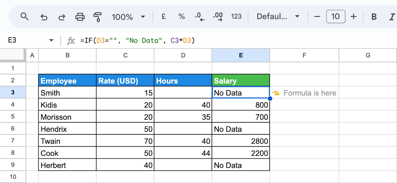 Salary calculation with IF function, displaying “No Data” for missing inputs and calculating salary for other entries. i-border