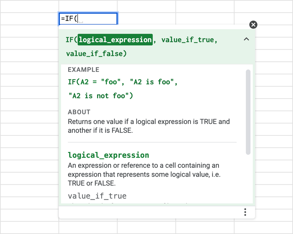 IF function tooltip in Google Sheets showing syntax, an example, and a description of logical_expression. i-border