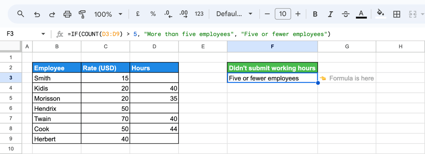 Applying IF and COUNT functions to determine if more than five employees submitted hours. i-border