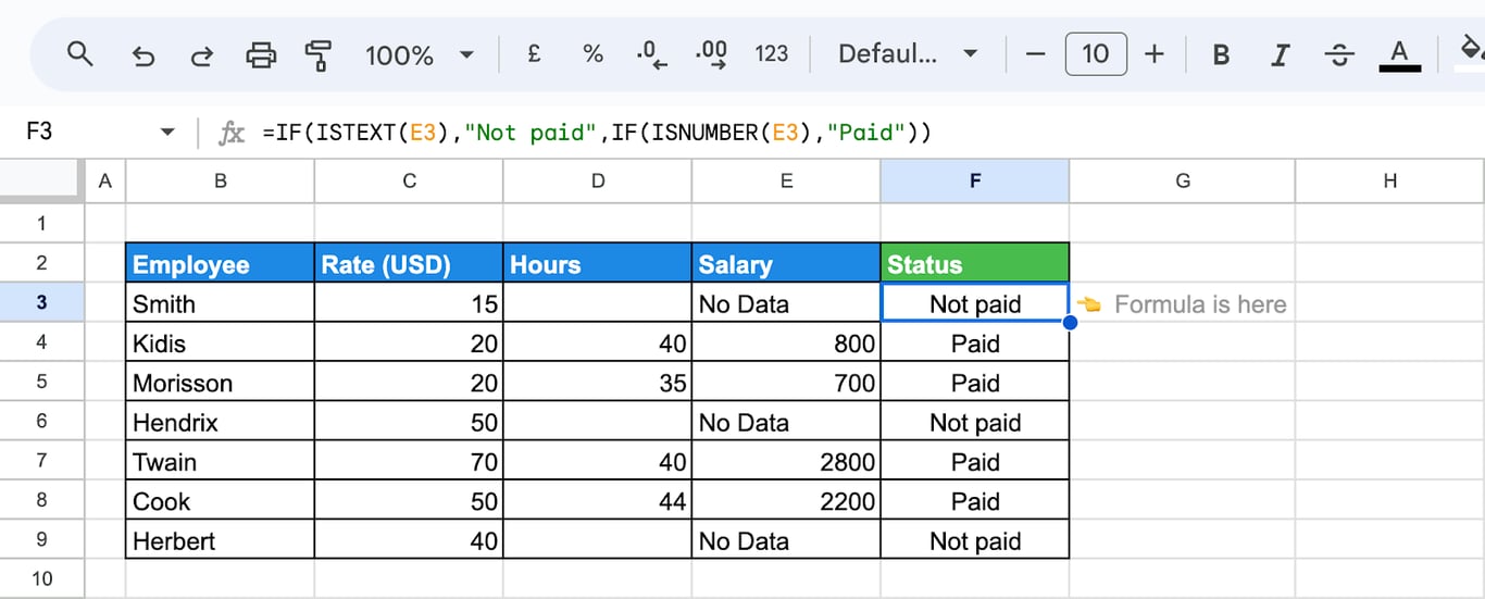 ISTEXT and ISNUMBER functions used with IF to identify and label salary entries as “Paid” or “Not paid”. i-border