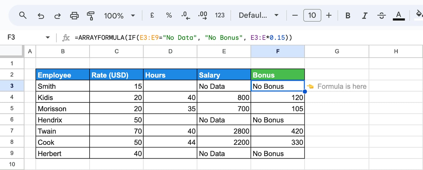 Use of ARRAYFORMULA with IF function in Google Sheets, calculating bonuses dynamically for an entire column i-border