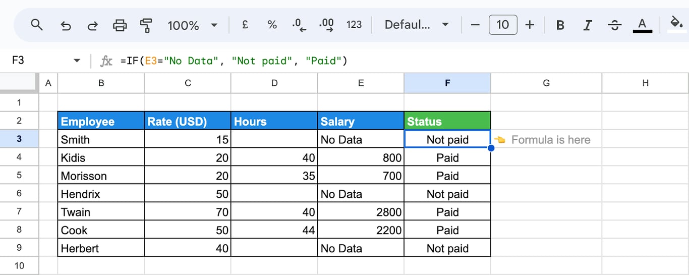Using IF function with “Equal To” logic, displaying “Not paid” for missing salary data. i-border