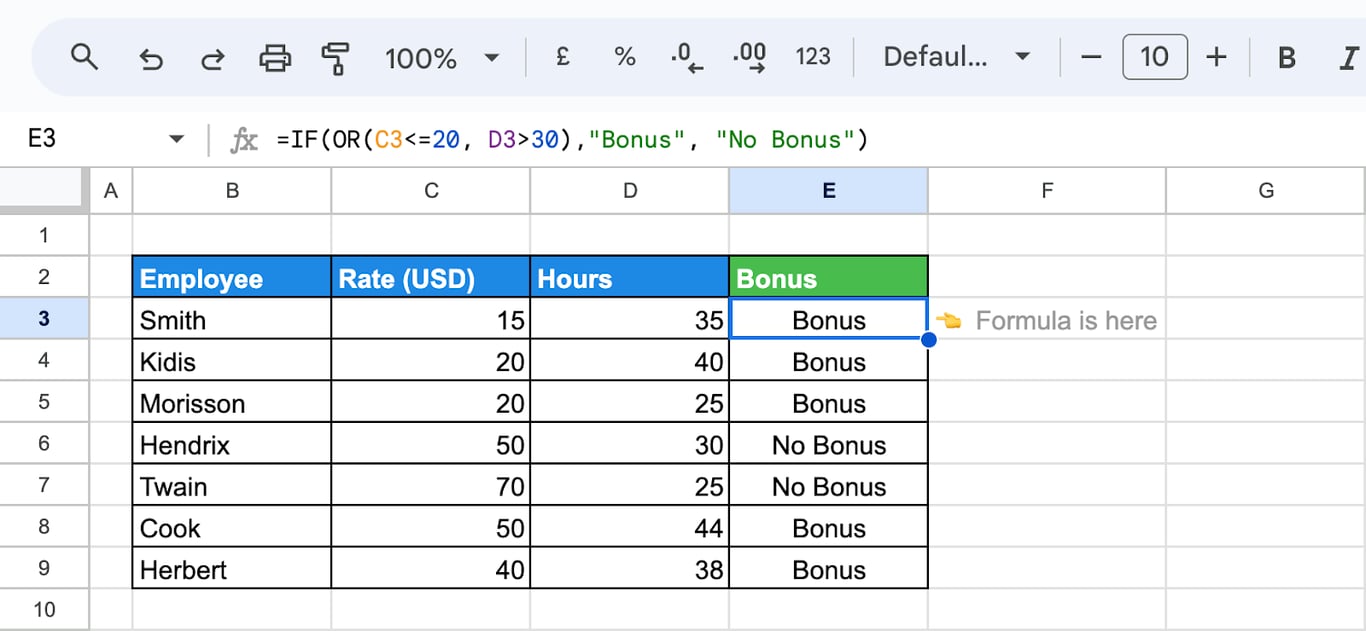 OR logic applied with the IF function to calculate bonuses for employees meeting any one condition. i-border