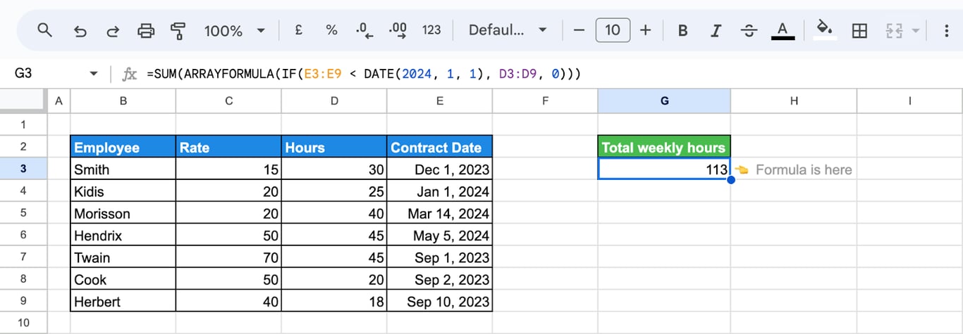 Using SUM function with IF in addition to ARRAYFORMULA to sum hours based on specific date conditions. i-border