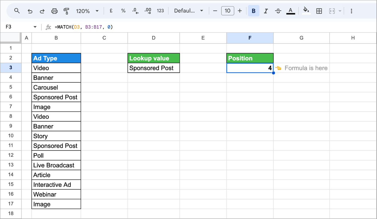 Use of dynamic values in the MATCH function in Google Sheets for flexible lookups. i-border