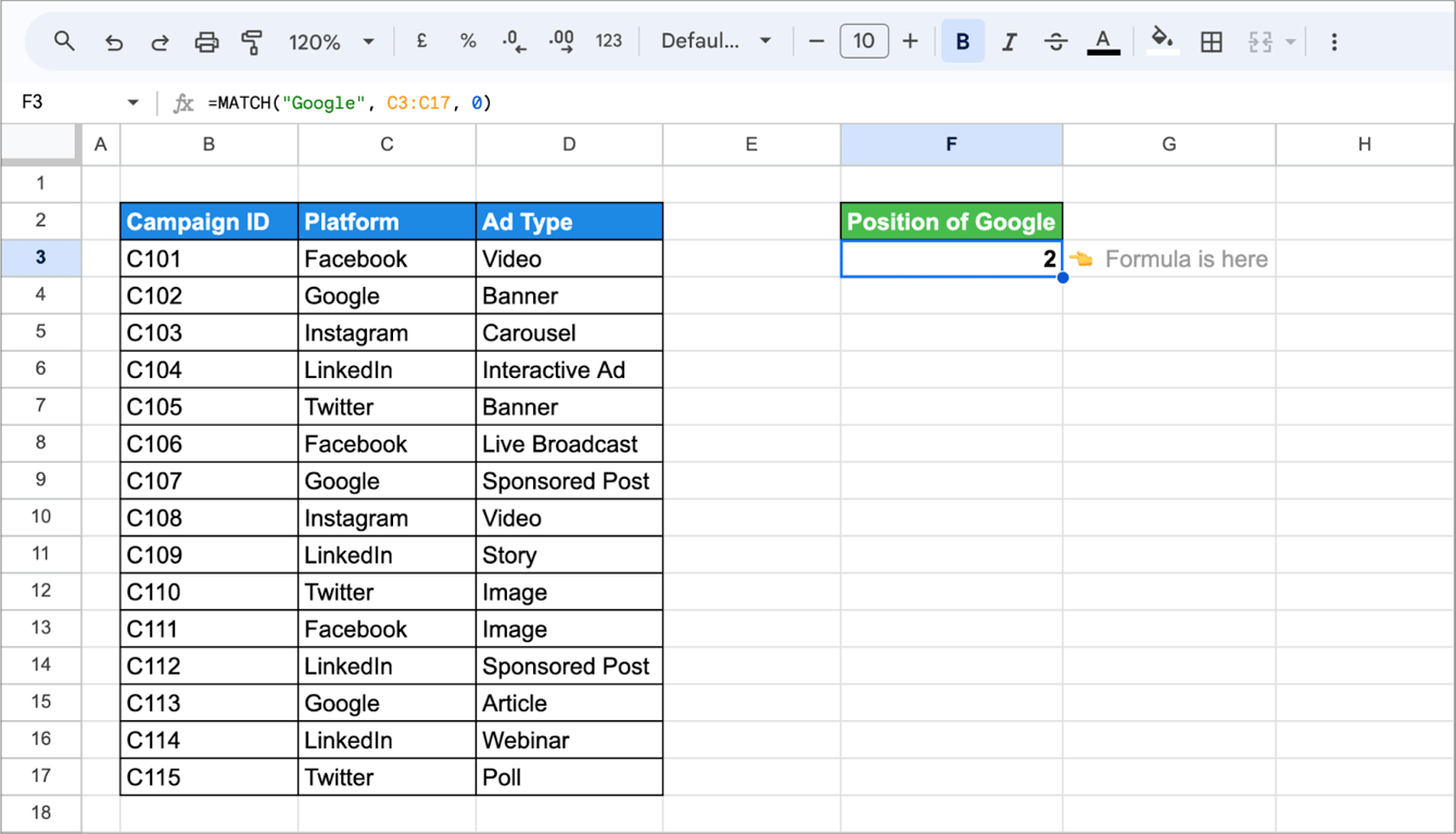 Showcasing the MATCH function in Google Sheets used to find the position of a value within a dataset. i-border 