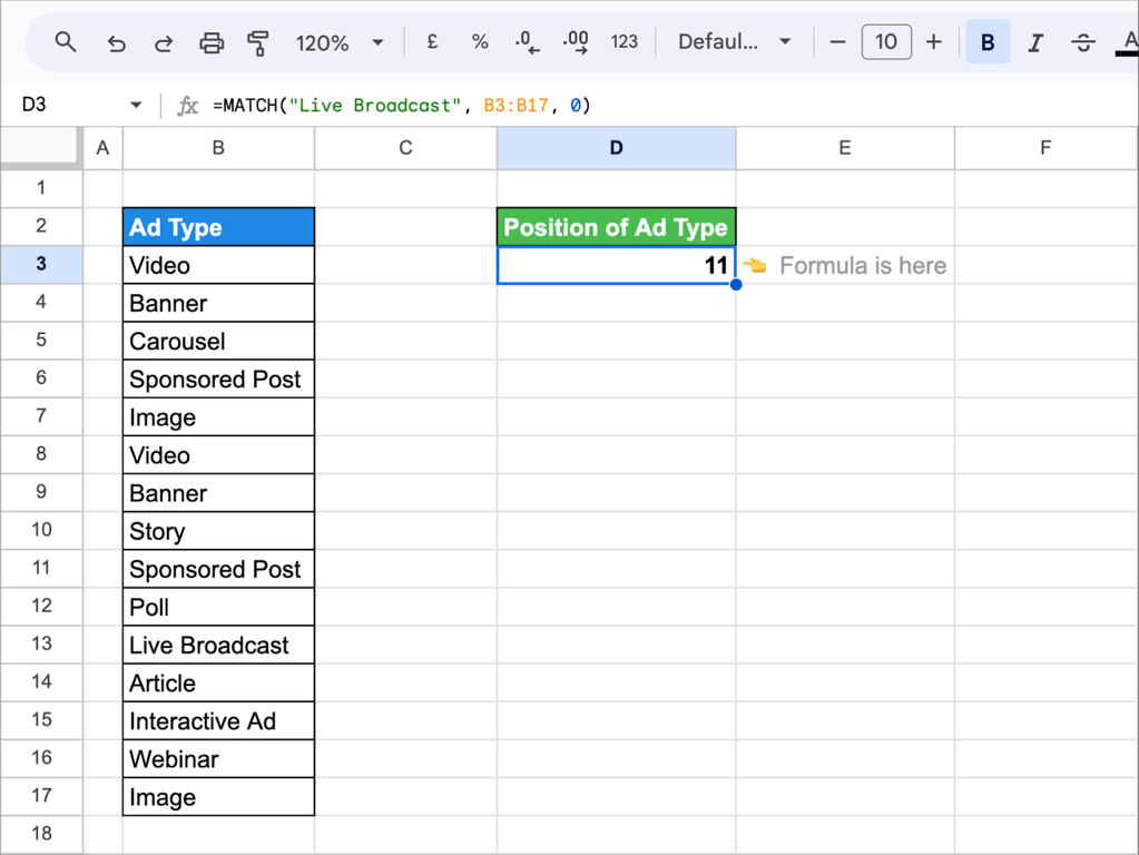 Using a text string as the search key in the MATCH function in Google Sheets for precise results. i-border