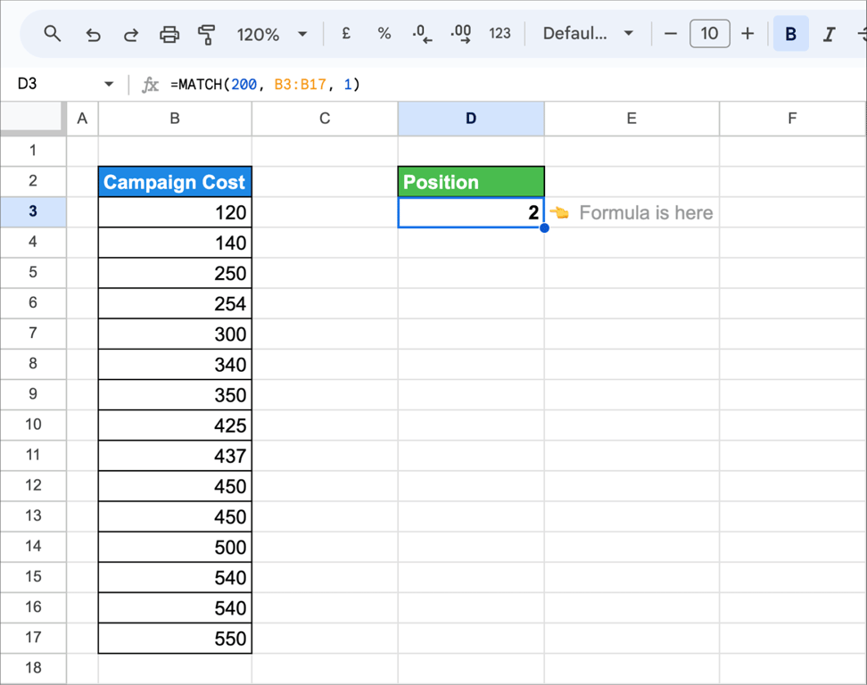 Using the approximate match mode in the MATCH function in Google Sheets to find close matches. i-border