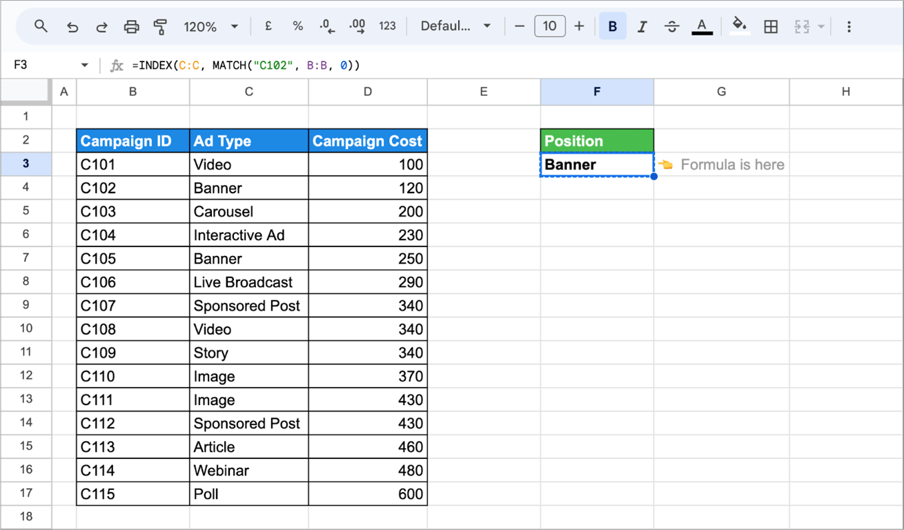 Combining the MATCH function with INDEX in Google Sheets to retrieve specific data from a table using positions. i-border
