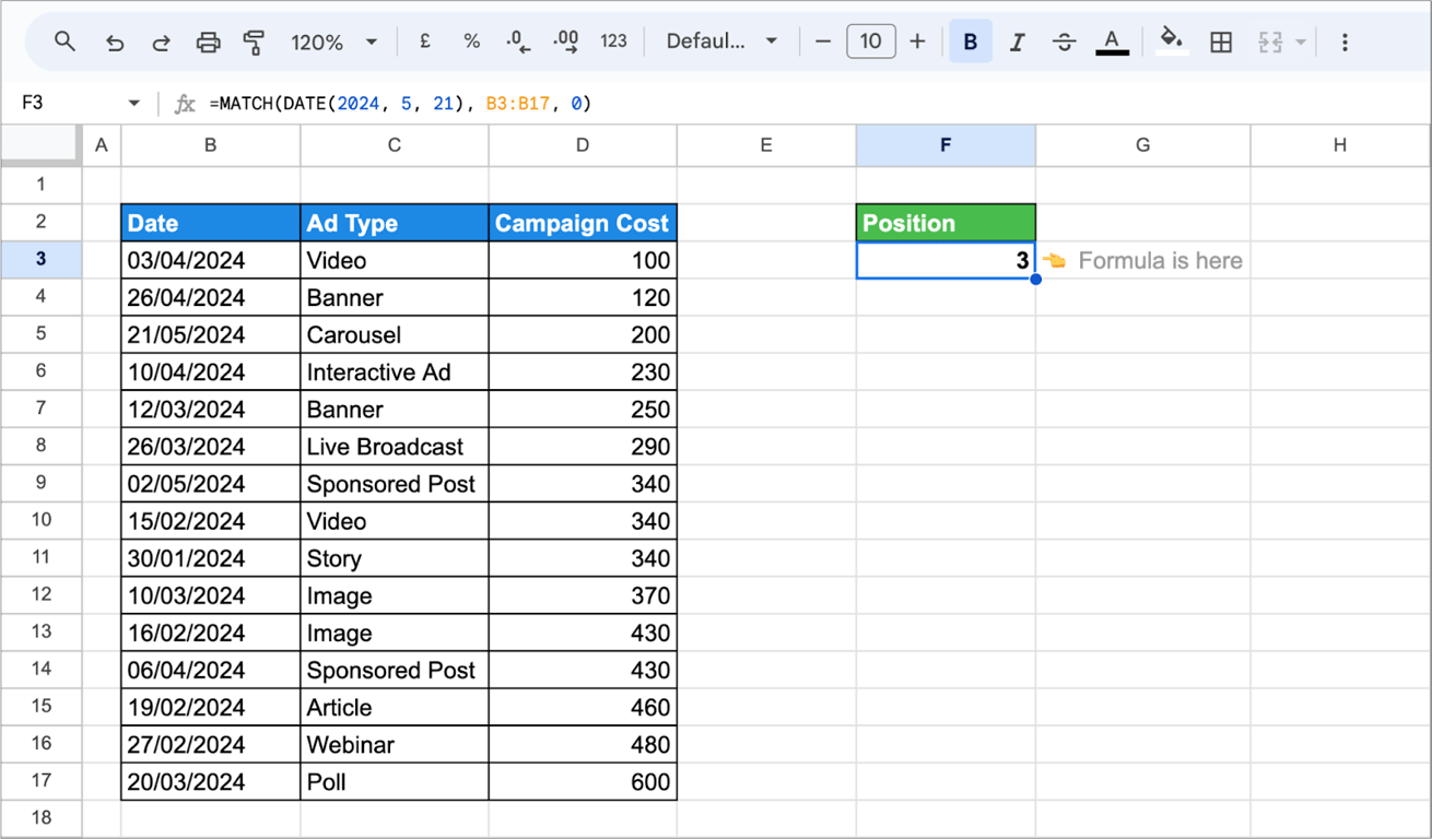 Utilizing a date as the search key in the MATCH function in Google Sheets to locate corresponding entries. i-border