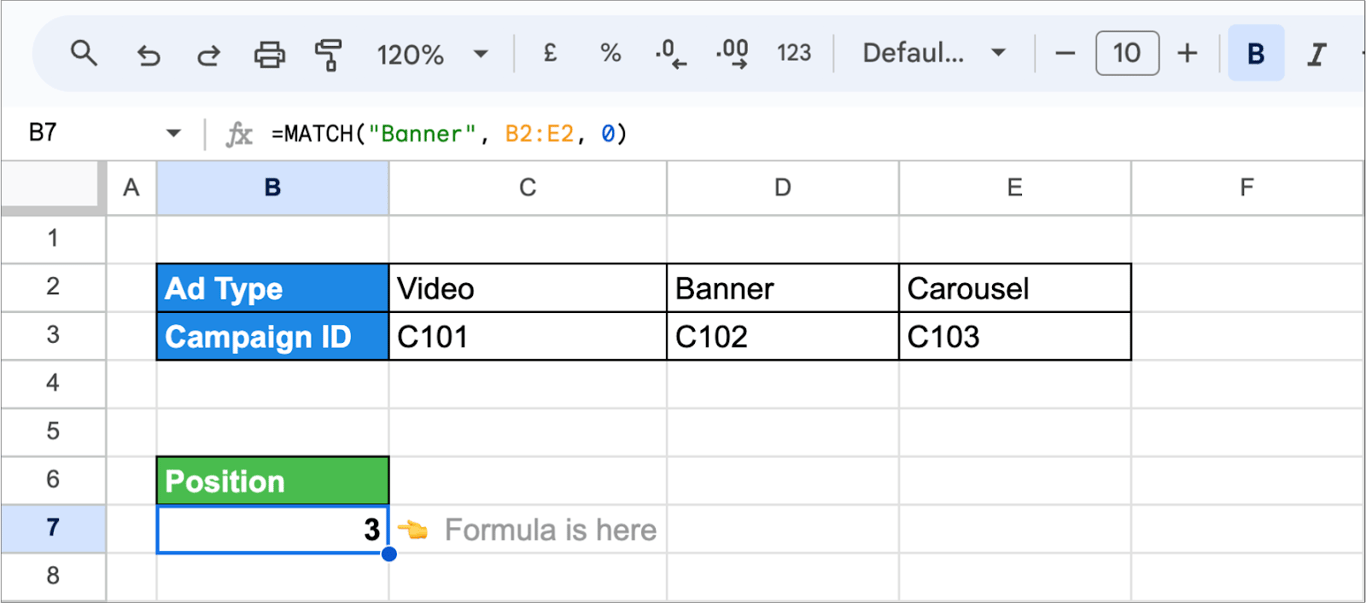 Applying the MATCH function in Google Sheets to locate values in a horizontal data range. i-border