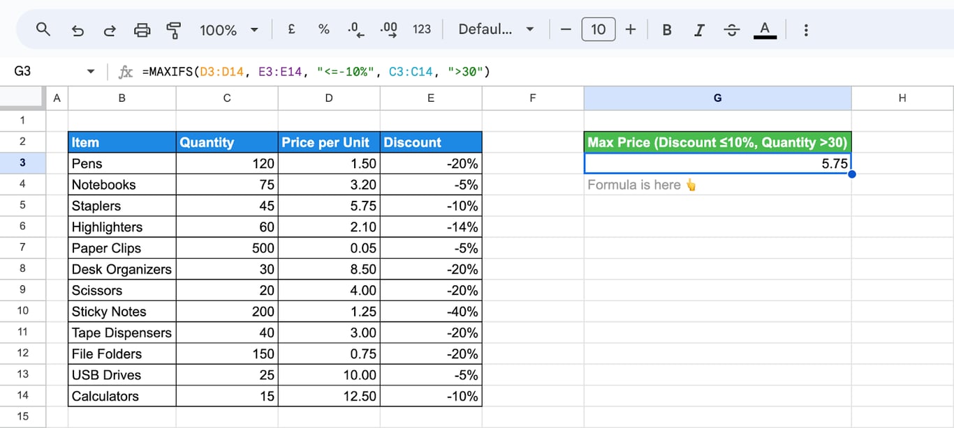 Demonstrates the use of the MAXIFS function in Google Sheets with multiple criteria to find the largest value. i-border