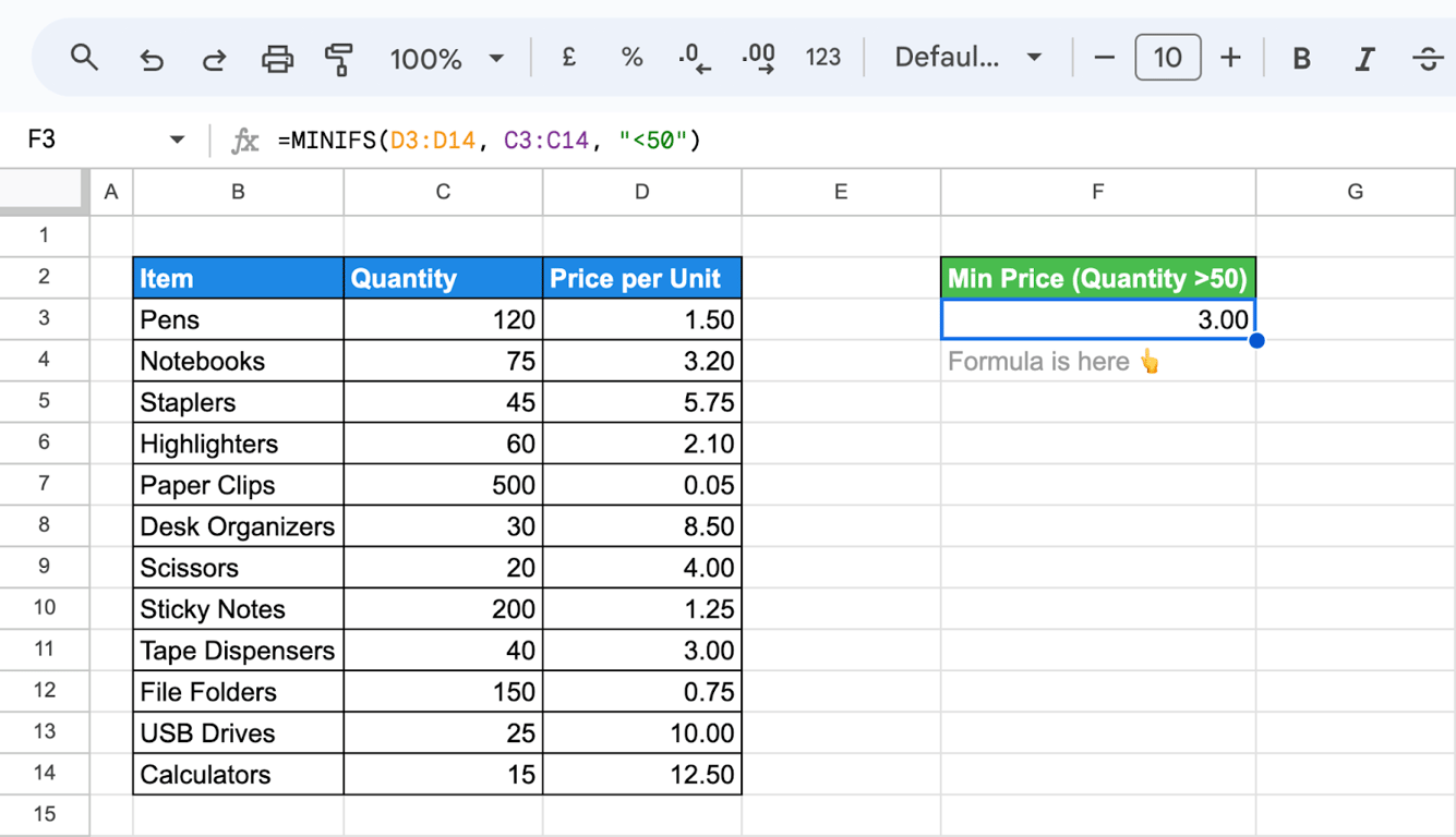 Shows how to use the MINIFS function in Google Sheets to find the smallest value based on multiple conditions. i-border