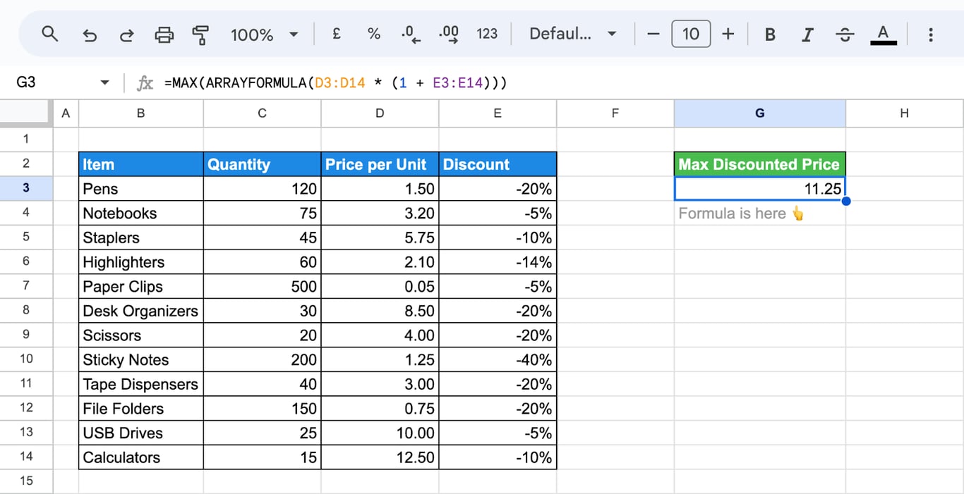Displays how to combine the MAX function with ARRAYFORMULA in Google Sheets to evaluate multiple ranges at once. i-border