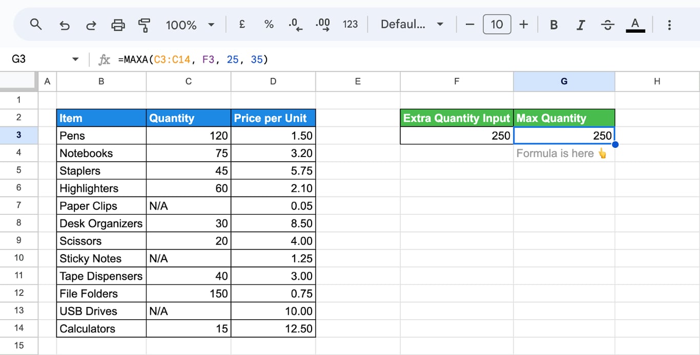 Use of MAXA in Google Sheets to find the highest value from a mix of numbers and ranges. i-border