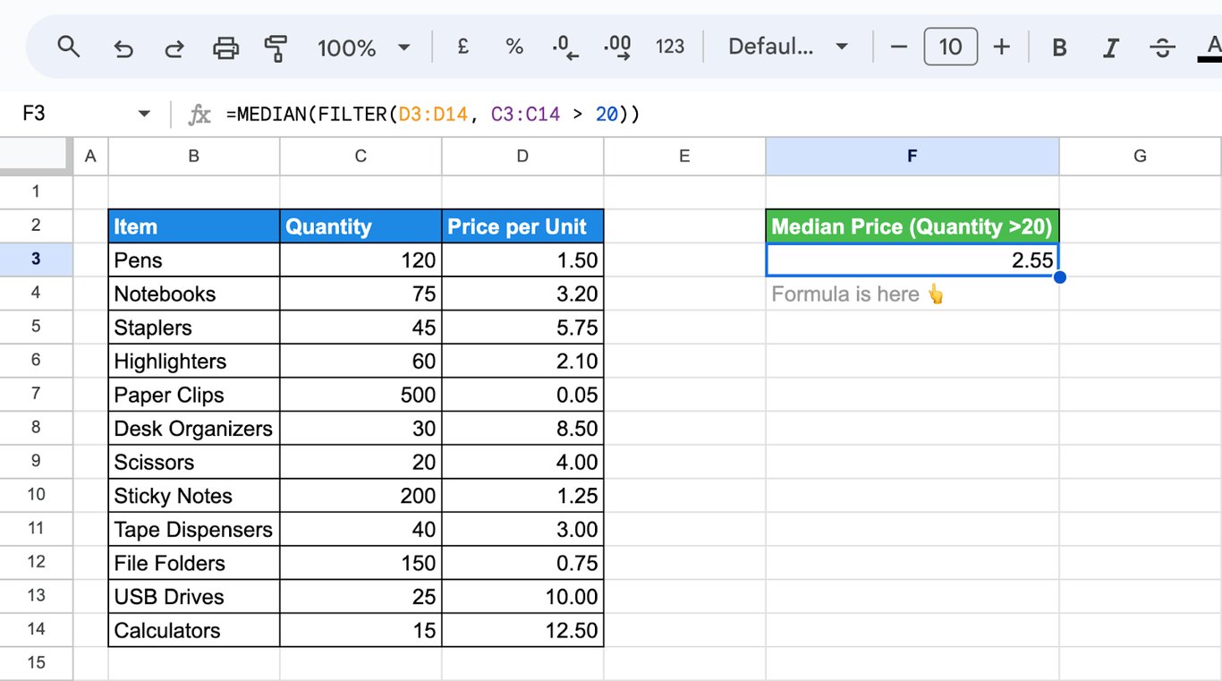 Displays how to use the MEDIAN function in Google Sheets with FILTER to perform conditional data filtering. i-border
