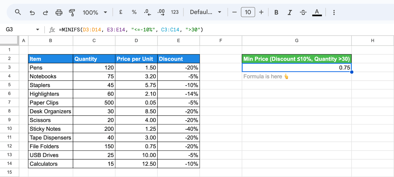 Shows how to use the MINIFS function in Google Sheets with several conditions to identify the smallest value. i-border