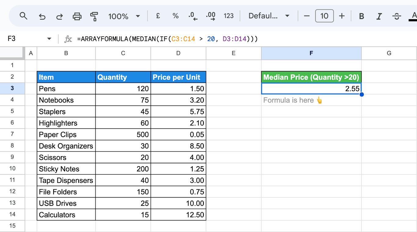 Shows how to calculate the MEDIAN function in Google Sheets using IF and ARRAYFORMULA to apply conditional logic. i-border