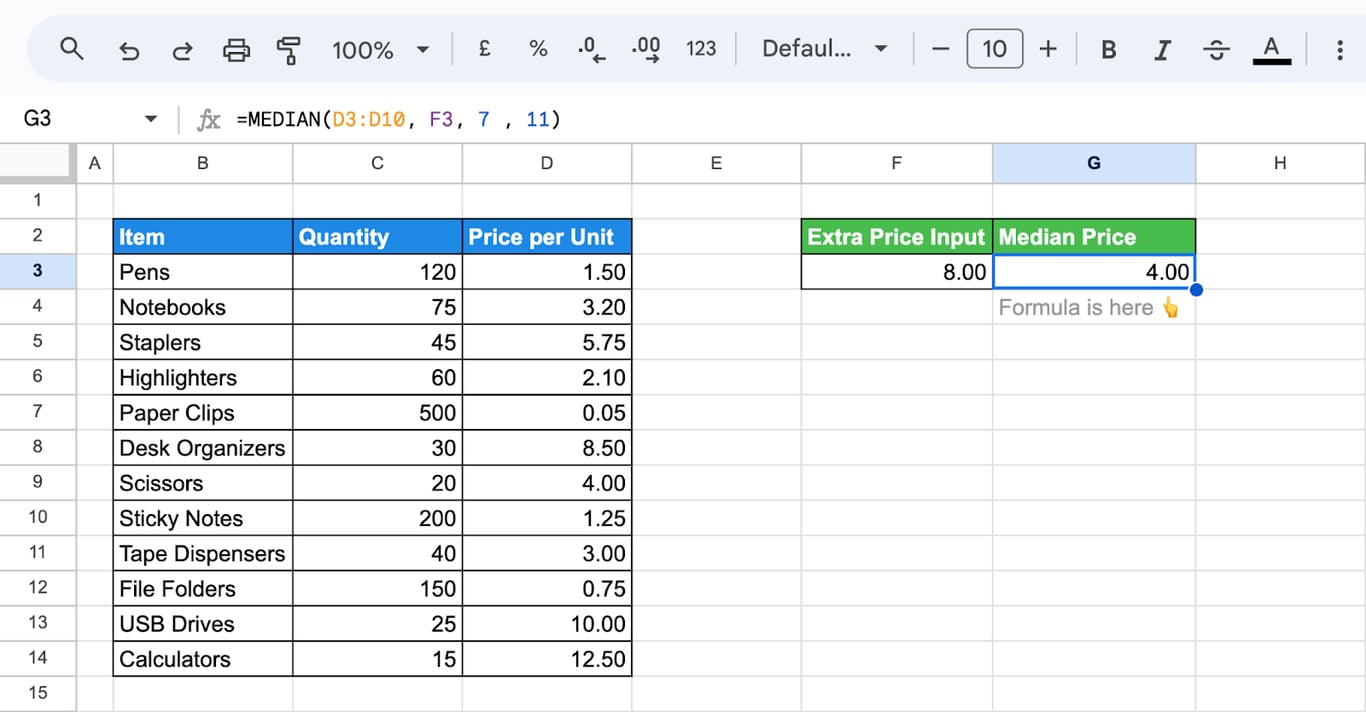 Demonstrates combining cell values and ranges in Google Sheets to calculate the MEDIAN. i-border