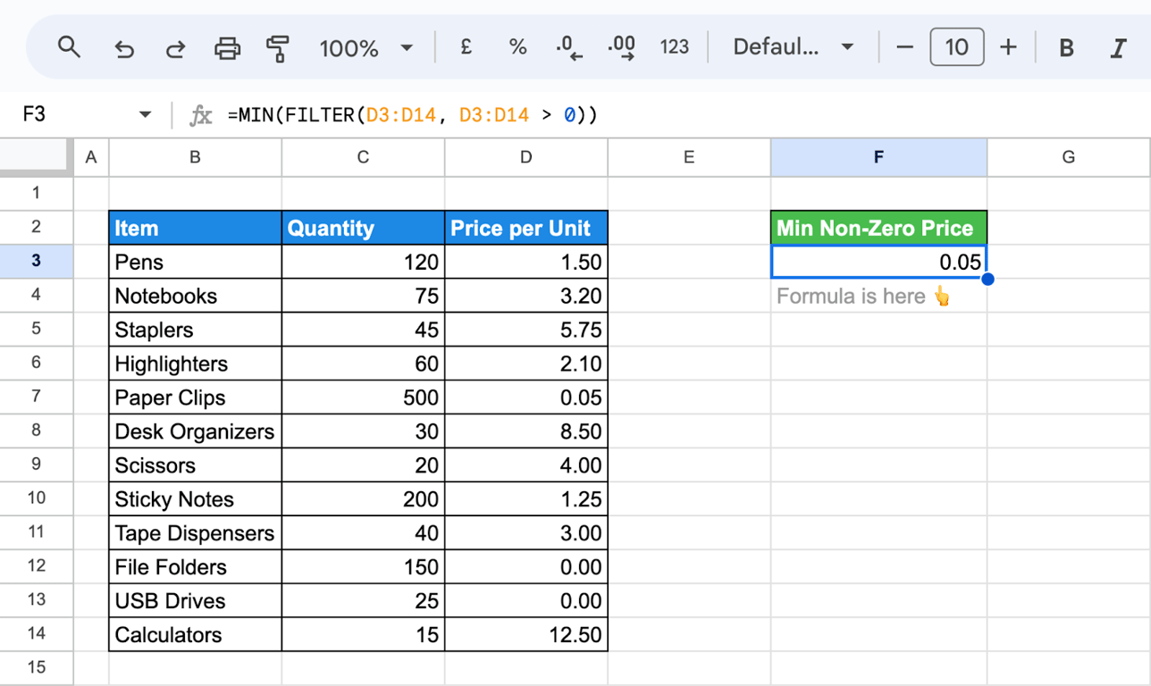 Use of  the MIN function with the FILTER function in Google Sheets to exclude zeros and find the smallest non-zero value. i-border
