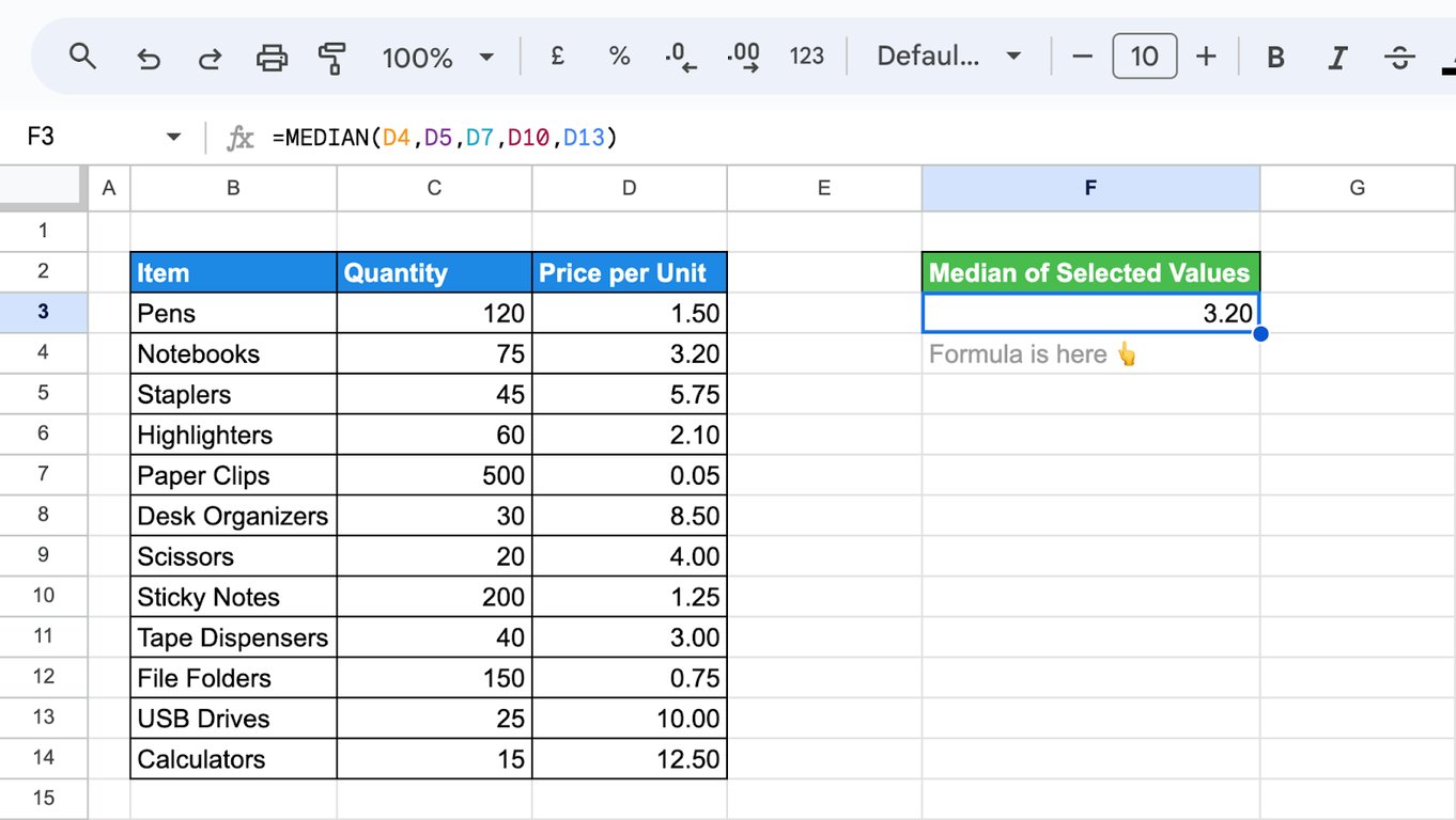 Displays how to calculate the MEDIAN in Google Sheets using individual cells and cell ranges. i-border