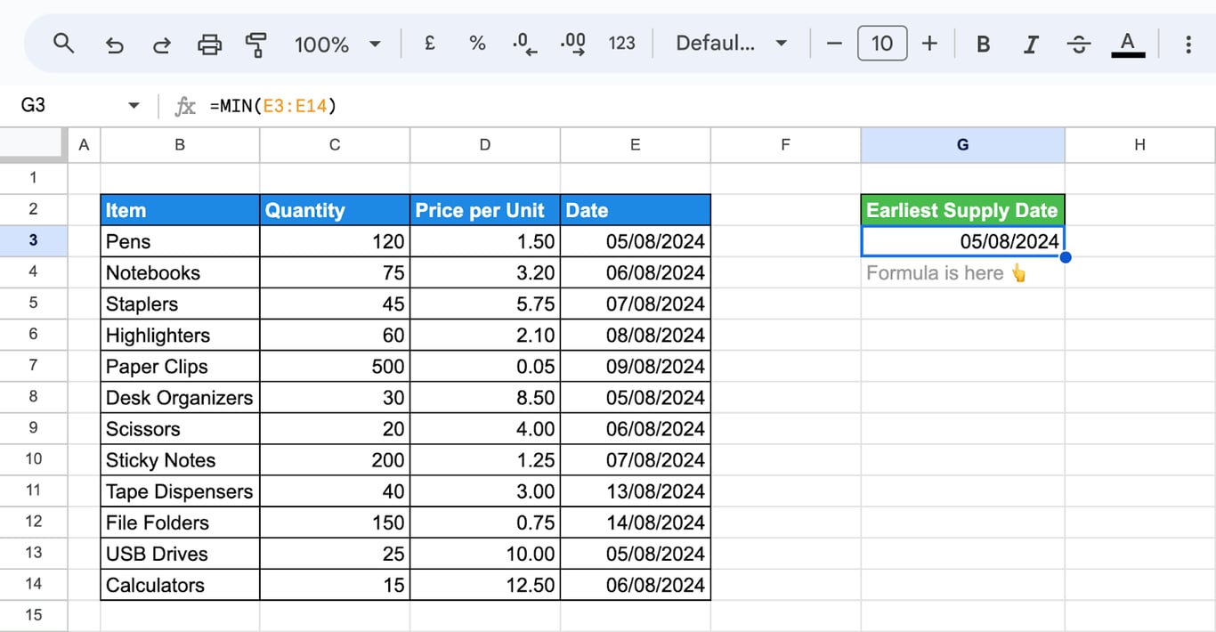 Displays the use of the MIN function in Google Sheets to find the earliest date from a set of dates. i-border