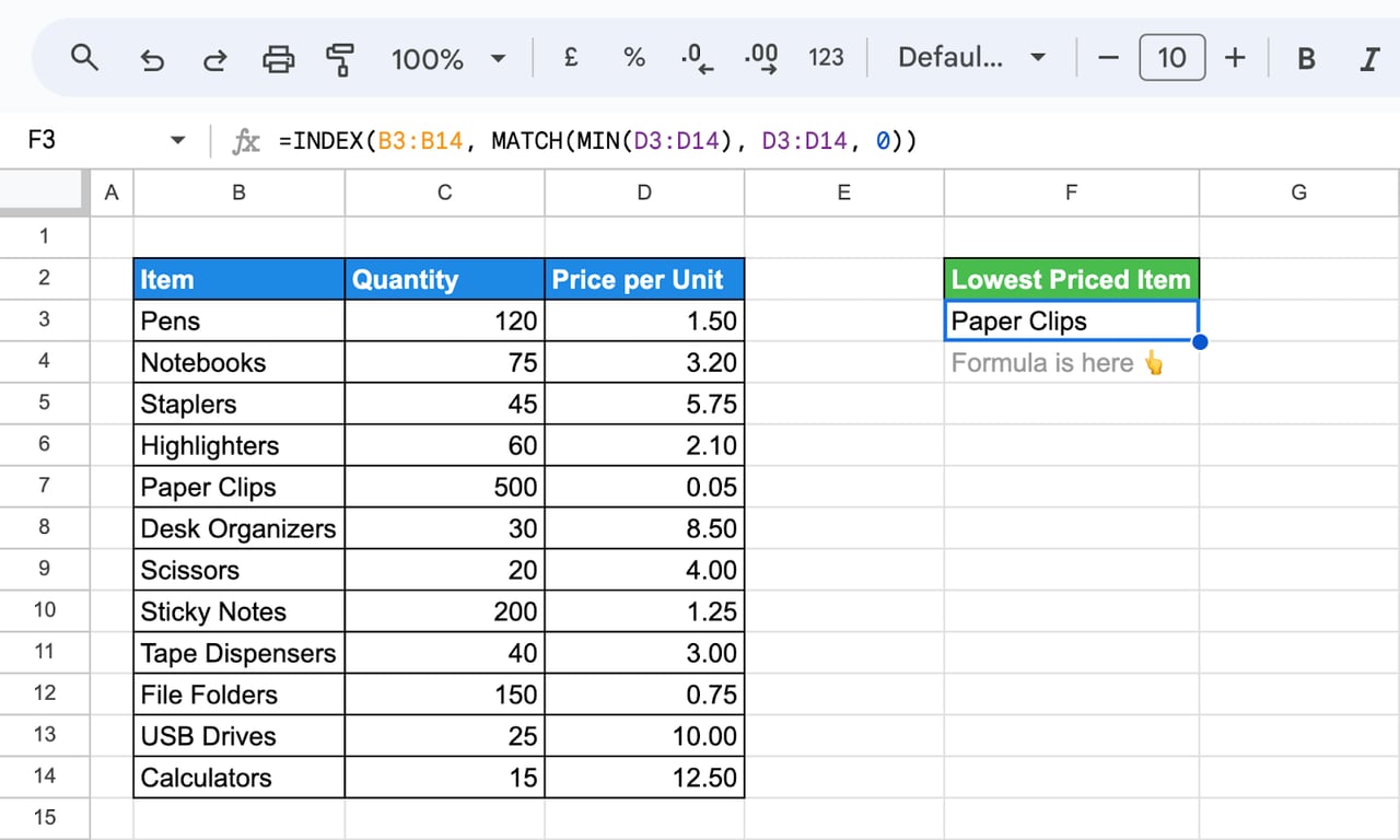 Shows how the MIN function in Google Sheets can be used with INDEX and MATCH functions for reverse lookups in a vertical range. i-border