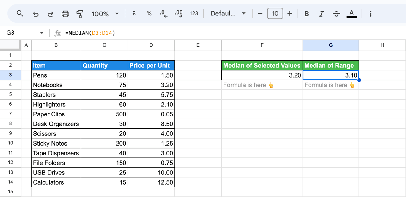 Shows an additional example of applying the MEDIAN function in Google Sheets with individual values and ranges of cells. i-border