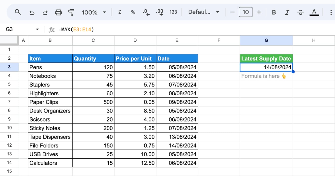 Shows how to use the MAX function in Google Sheets to find the most recent date in a list. i-border