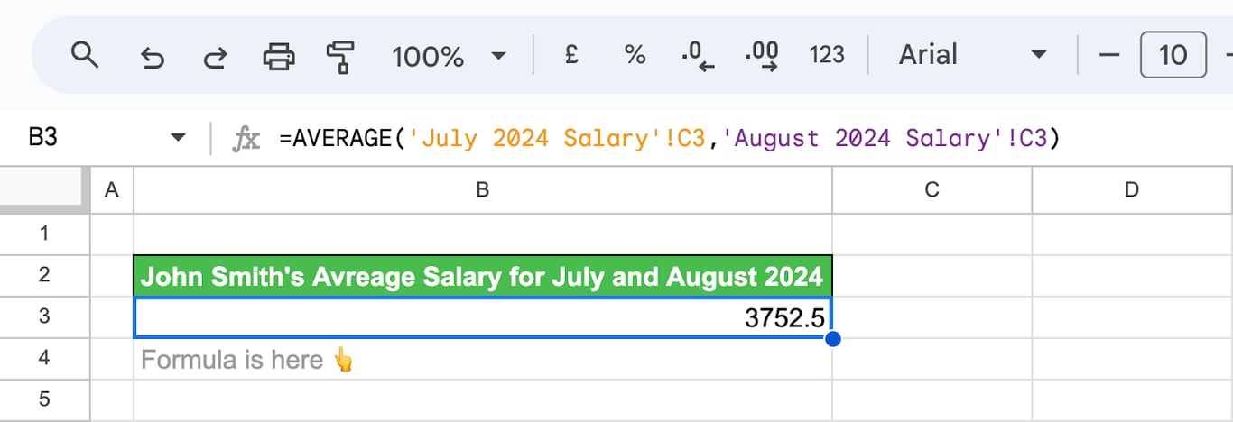 Continuing the example of averaging data from multiple sheets in Google Sheets. i-border