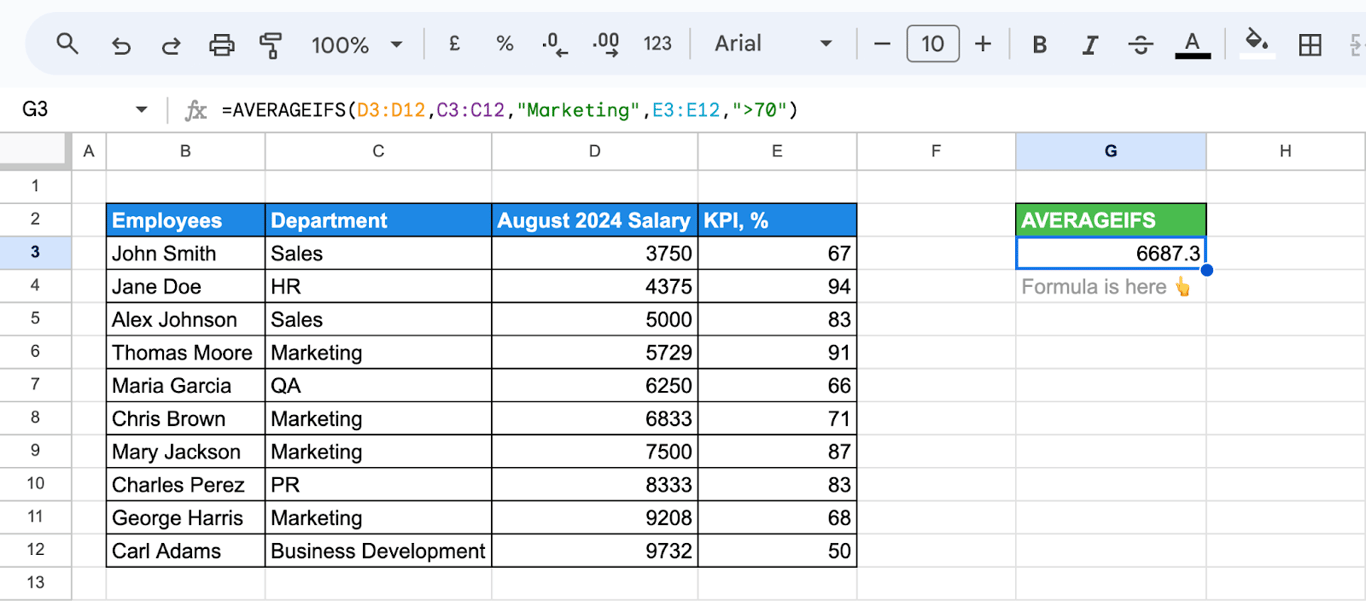 Using the AVERAGEIFS function to calculate averages with multiple conditions in Google Sheets. i-border